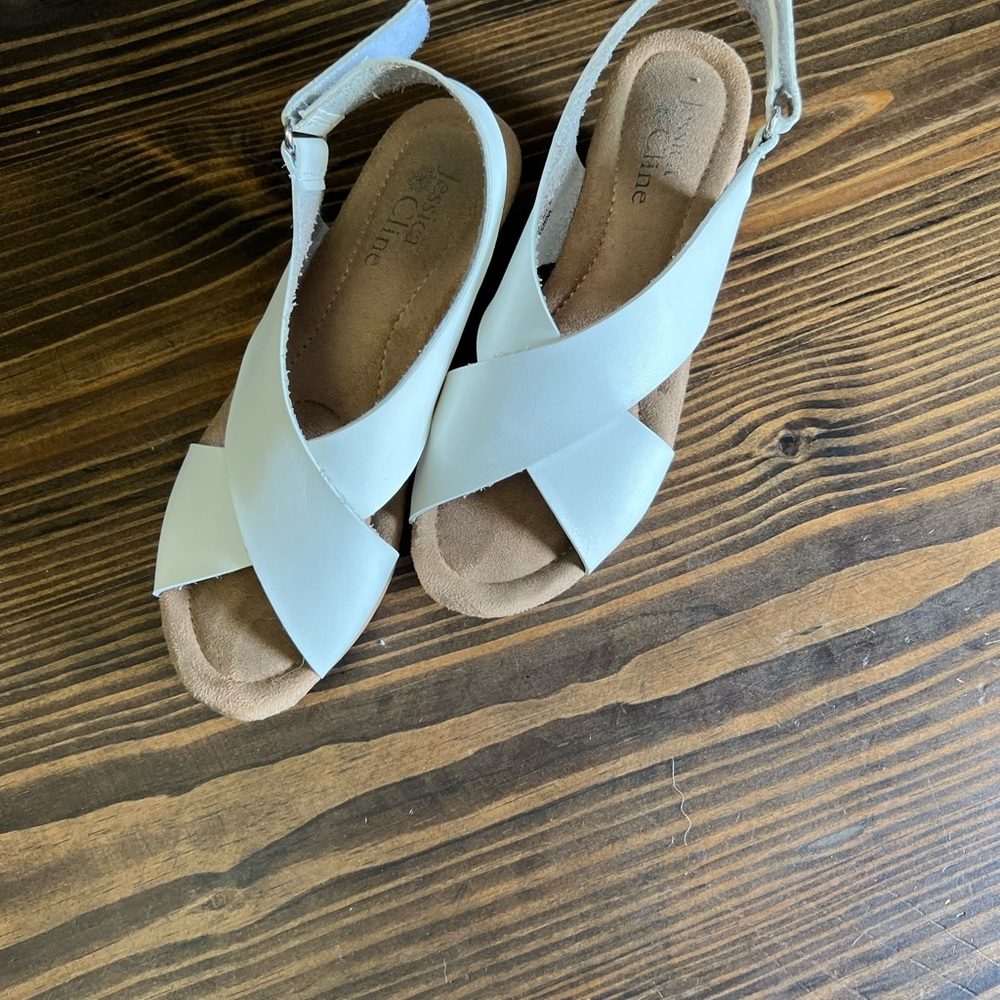 White and Brown Slingback Sandals with Peep-Toe Design